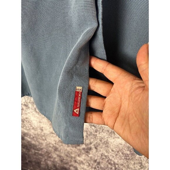 Vintage Guess Shirt Mens L Blue Micro Houndstooth Viscose Button Down Unique 90s - Picture 6 of 15